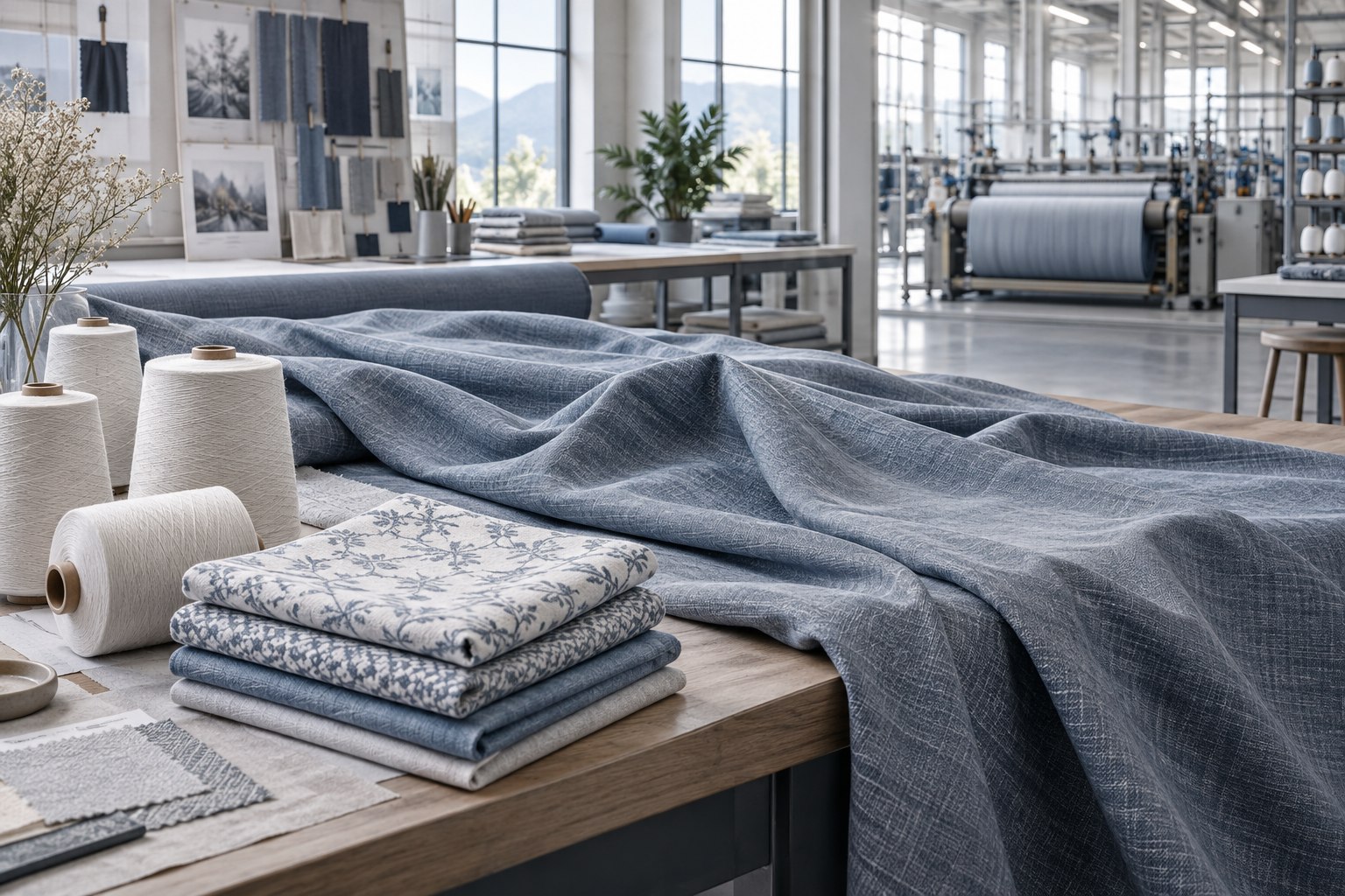 Bedding textiles in a bright integrated textile studio